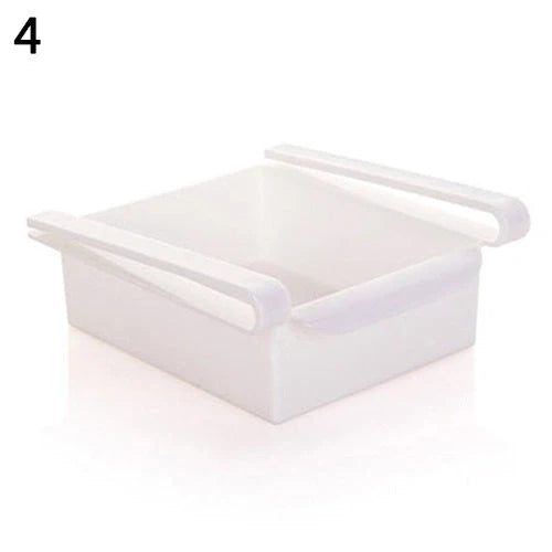 Stretchable refrigerator storage basket in white, blue, pink, and apricot colours