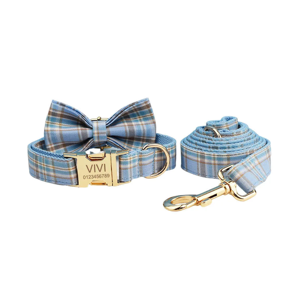 Sky blue grid patterned dog collar, leash, vest, and bow set from the forest series for pets.