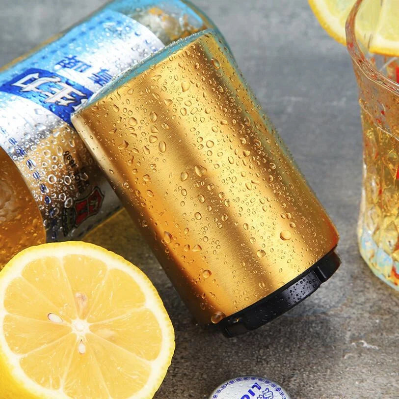 Stainless steel magnetic beer bottle opener with brushed metal finish