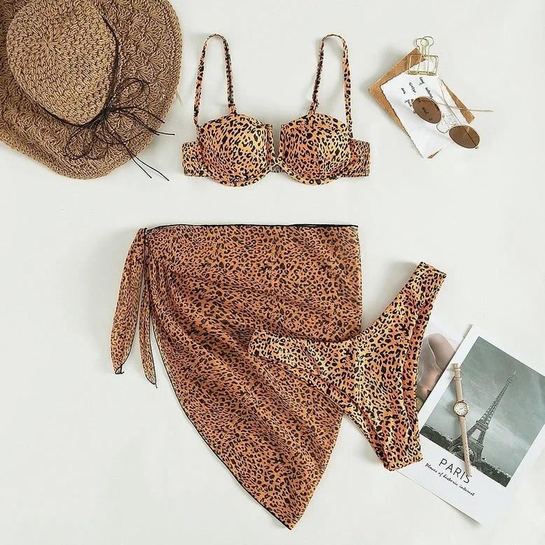 Three-piece floral bikini beach dress set with matching skirt in multiple colour options