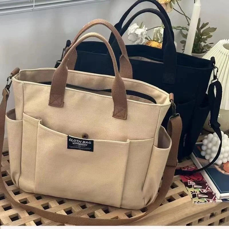 Large capacity shoulder canvas bag in khaki, black, beige, and black corduroy style options