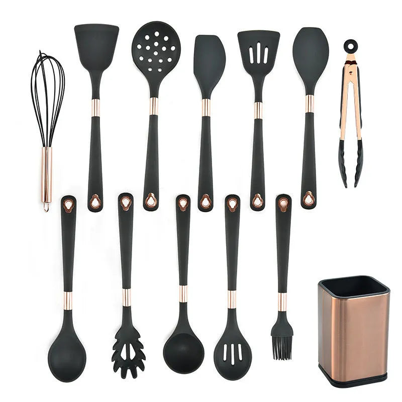 13-piece silicone kitchenware set in dark grey with storage bucket on kitchen countertop