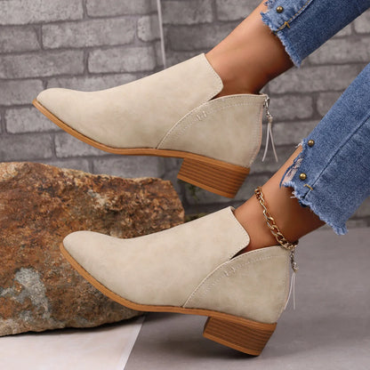 Women's chunky heel ankle boots with V-cut design in khaki, off white, black, and pink