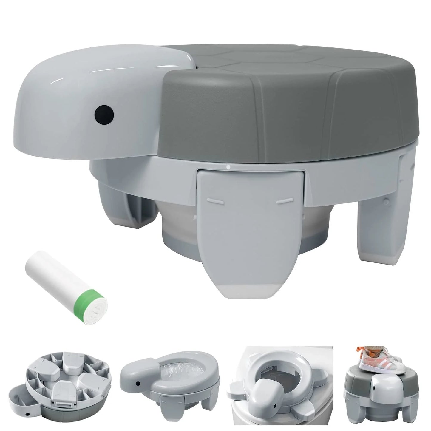 Children's portable folding training toilet with cute turtle design, ideal for potty training at home or on the go.