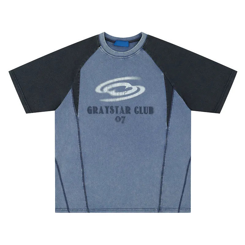 Blue men's loose fit cotton t-shirt with printed hip hop letters and raglan sleeves