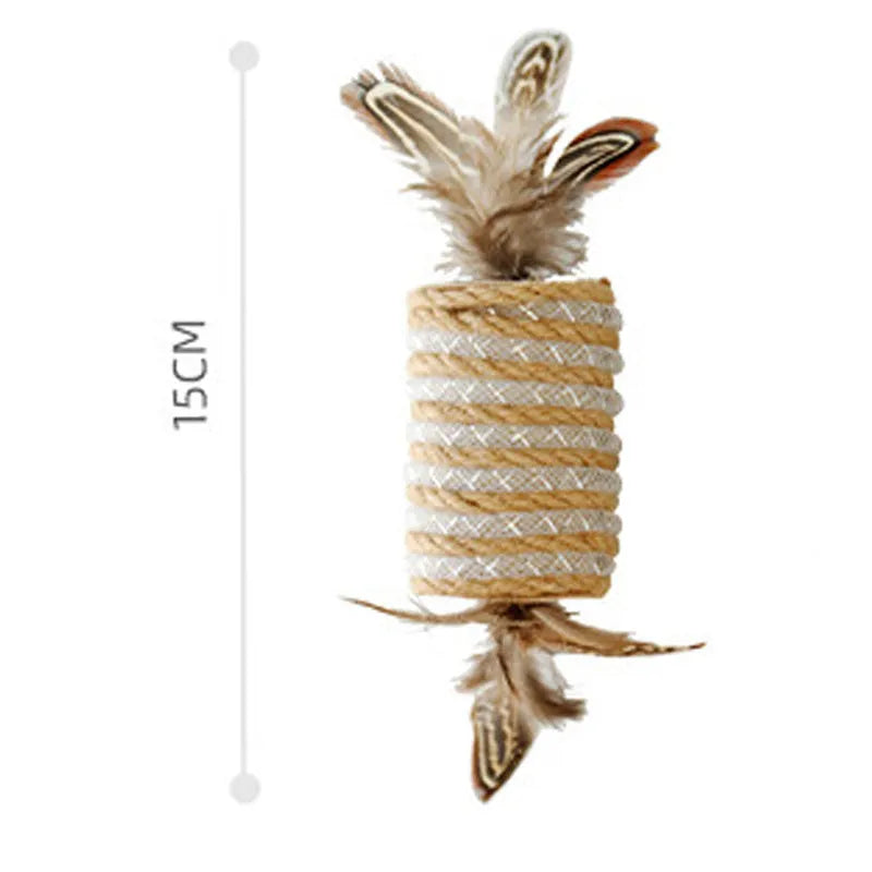 Beige cat toy with hemp rope scratching surface, attached feathers, and a roller for claw grinding.
