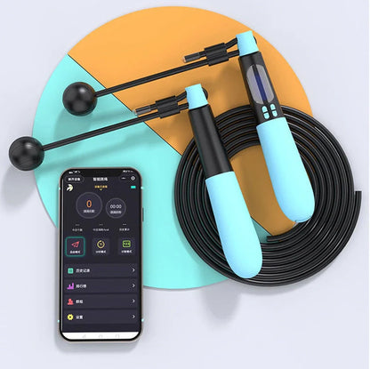 Blue cordless electronic skipping rope with Bluetooth handles and 3m wire