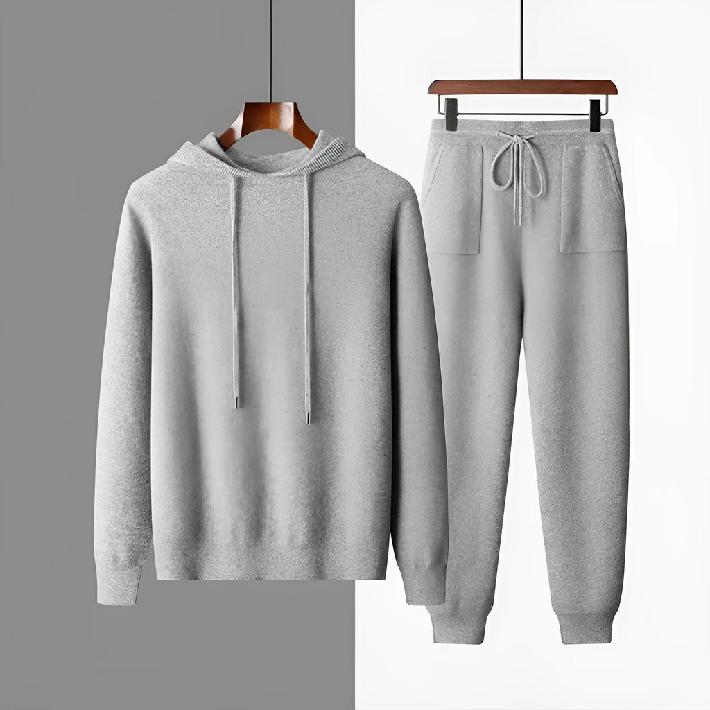 Men's light grey hooded knitted sweatshirt and matching trousers casual winter set.
