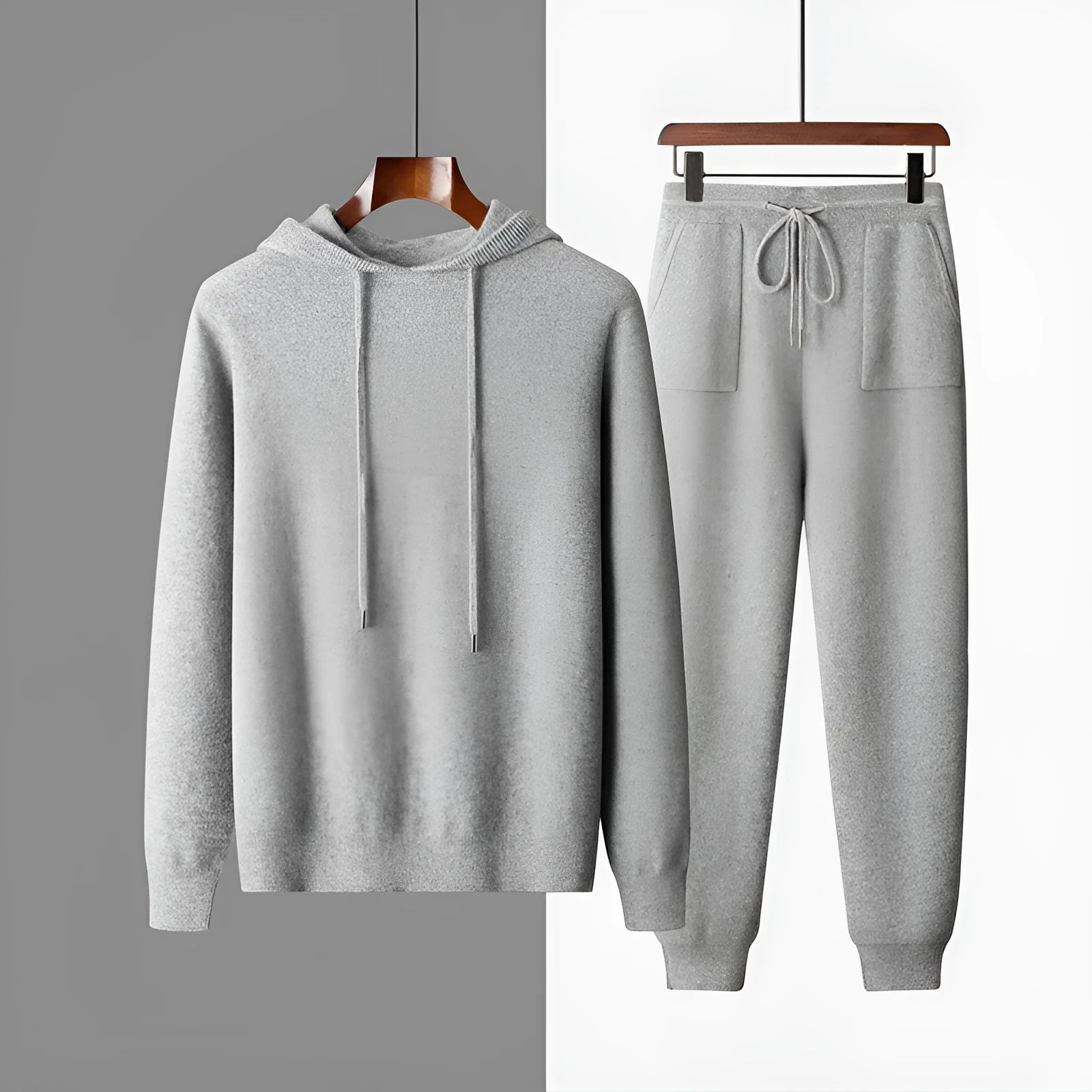 Men's light grey hooded knitted sweatshirt and matching trousers casual winter set.