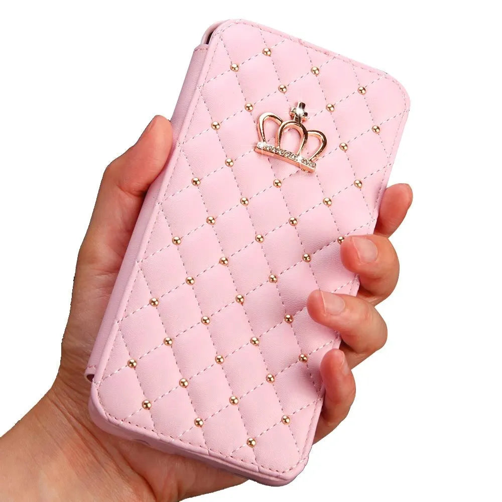 Crown Card Leather Case for Samsung Galaxy S10 flip wallet in Black with card slot and crown design