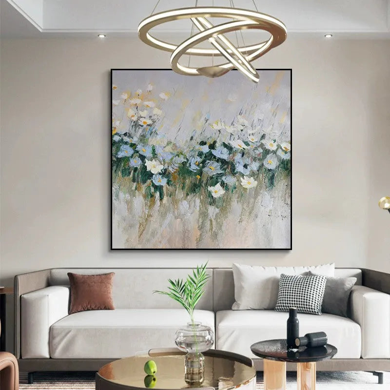 Handmade oil painting canvas wall art modern blue flowers square framed no frame rolled unstretched