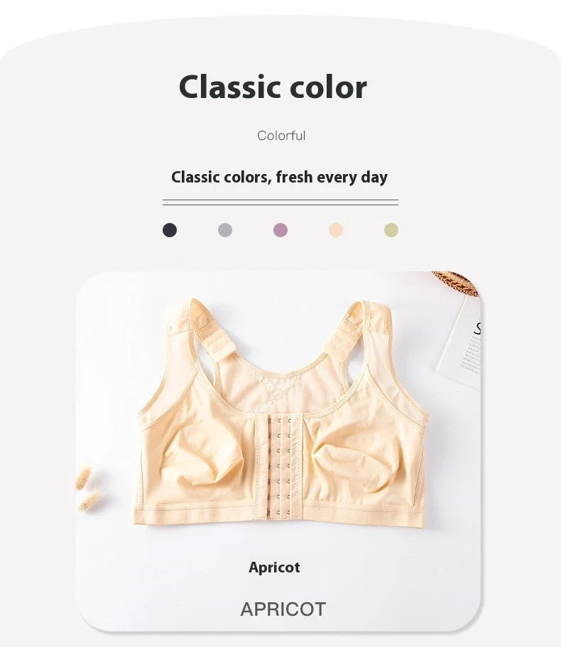 Front Buckle Closed Sports Bra in plus sizes, available in white, black, and apricot