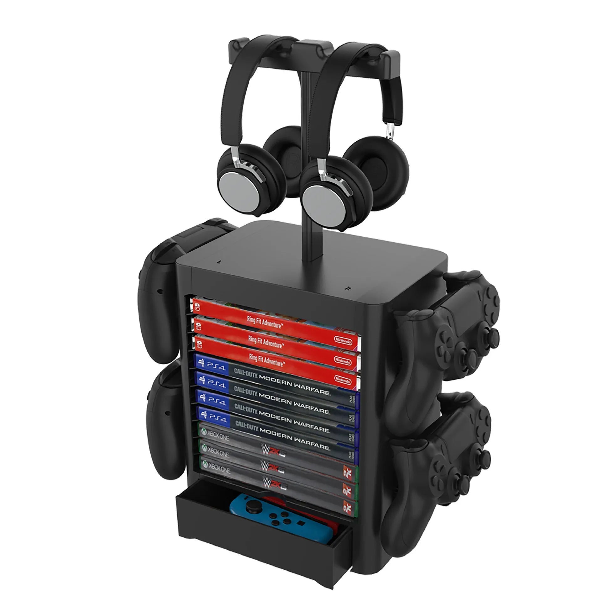Black ABS game console storage rack with hanging hooks, headphone platform and drawer for controllers