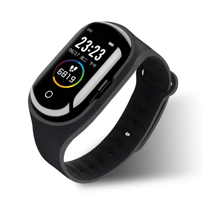 Blue smart bracelet earphone combo wearable with a 1-inch screen on a silicone wristband.