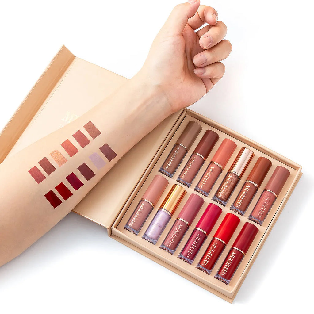 Matte shimmer lip glaze set with 12 non-stick cup colours in packaging