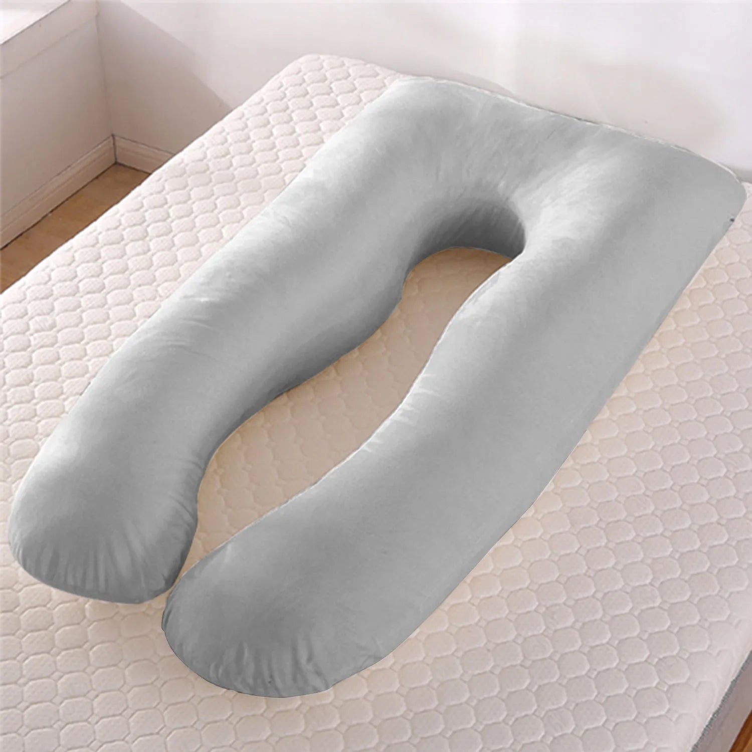 U-shaped ice silk pregnancy pillow in green colour showing 130x70cm dimensions