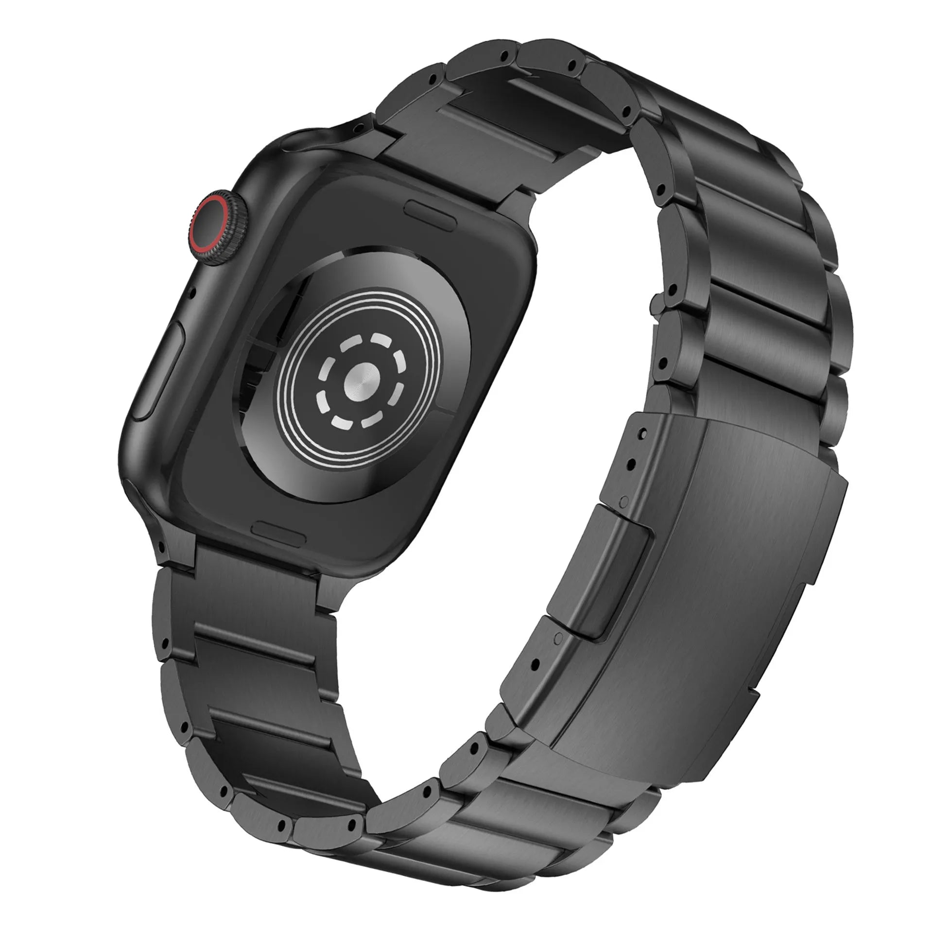 Titanium alloy Apple Watch strap with folding buckle in black and silver colours