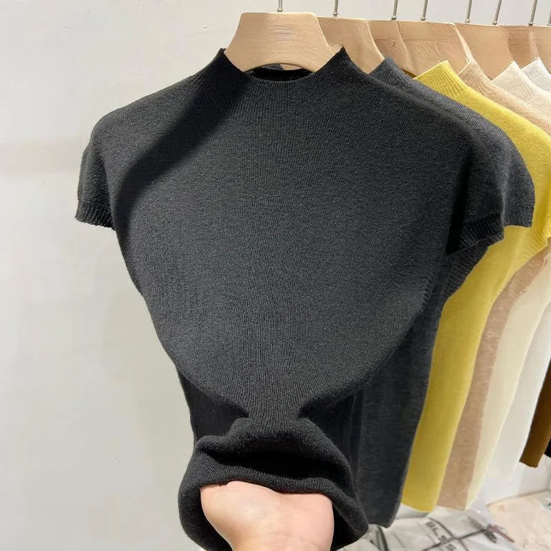 Women's half-high collar flutter sleeve knitwear summer pullover in light apricot with geometric pattern