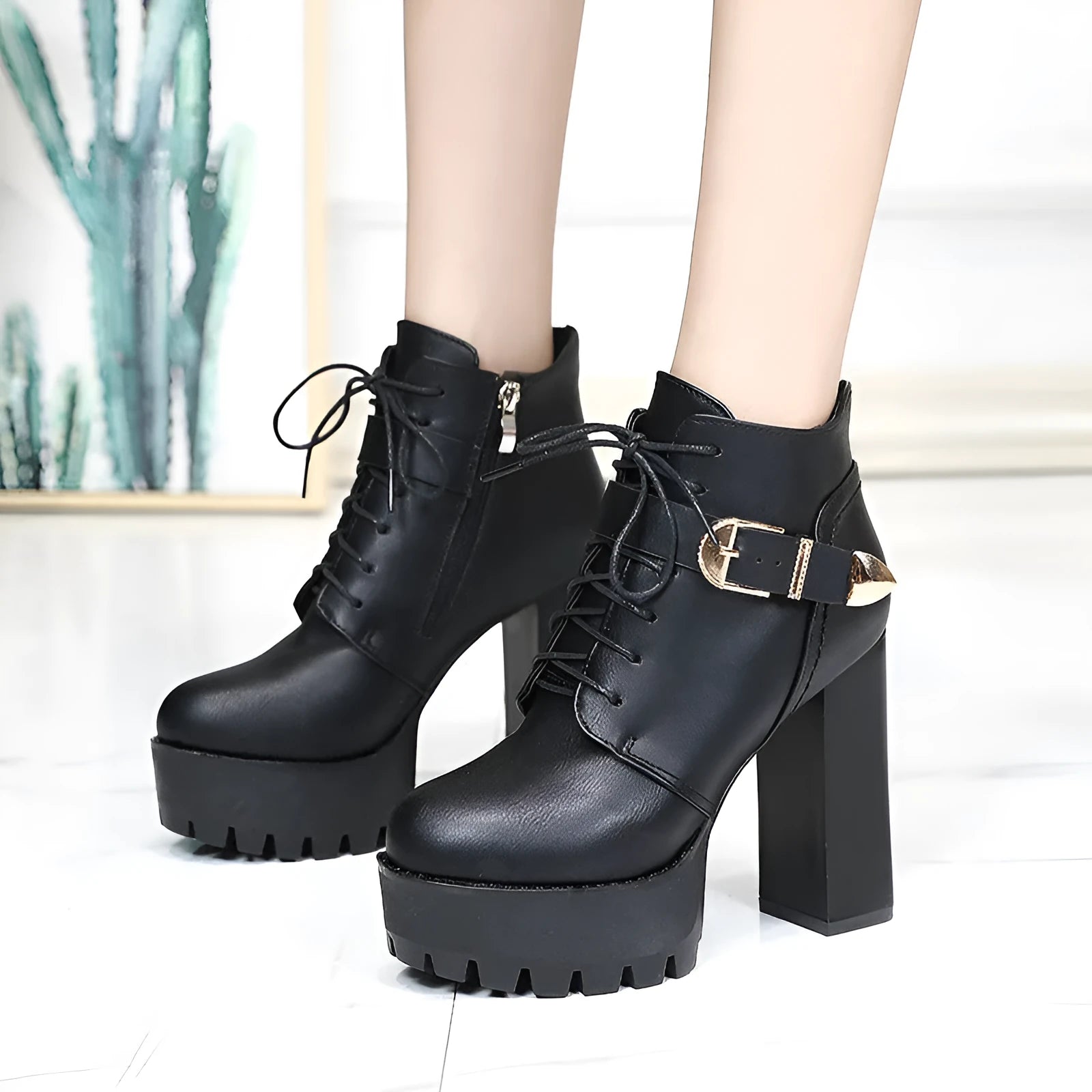 New British Style chunky heel waterproof platform high heels in black, tip toe, back zipper