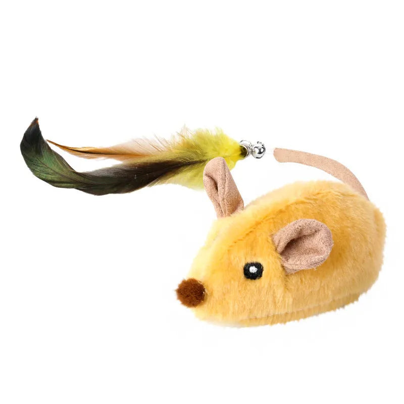 Grey electronic cat toy mouse with feather tail decoration and charging cable