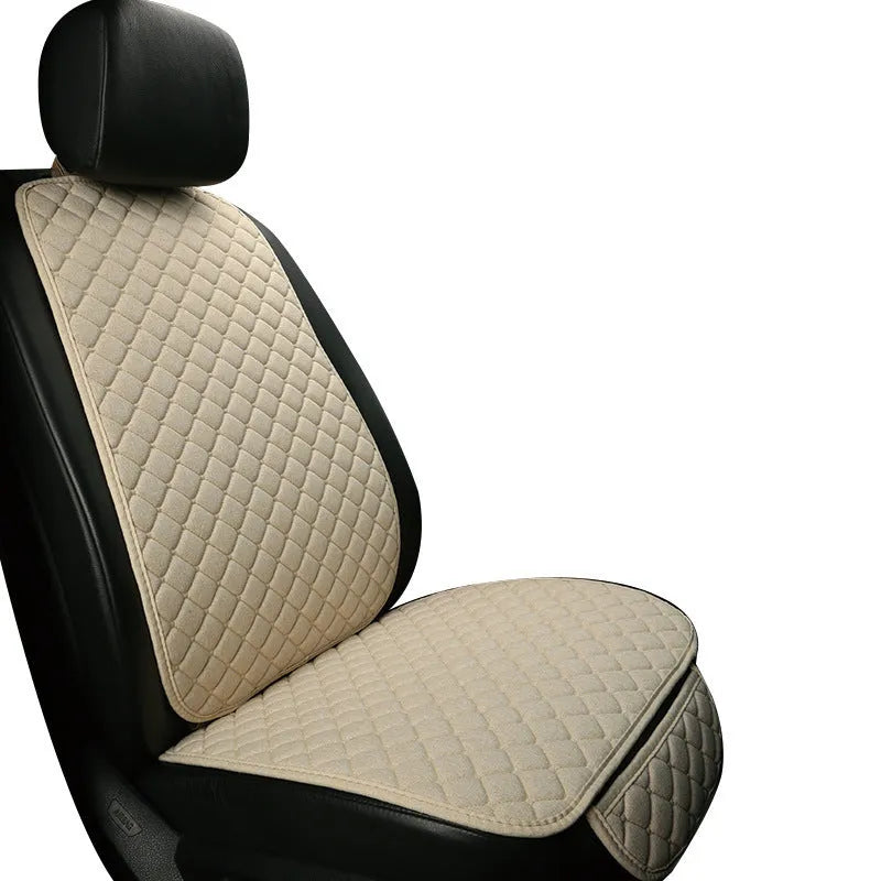 Linen car seat cushion in six colour variations showing decorative enhancement on vehicle seat