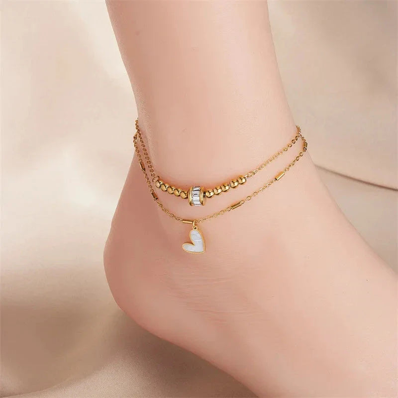 Boho classic love heart ankle chain with double layer design in gold