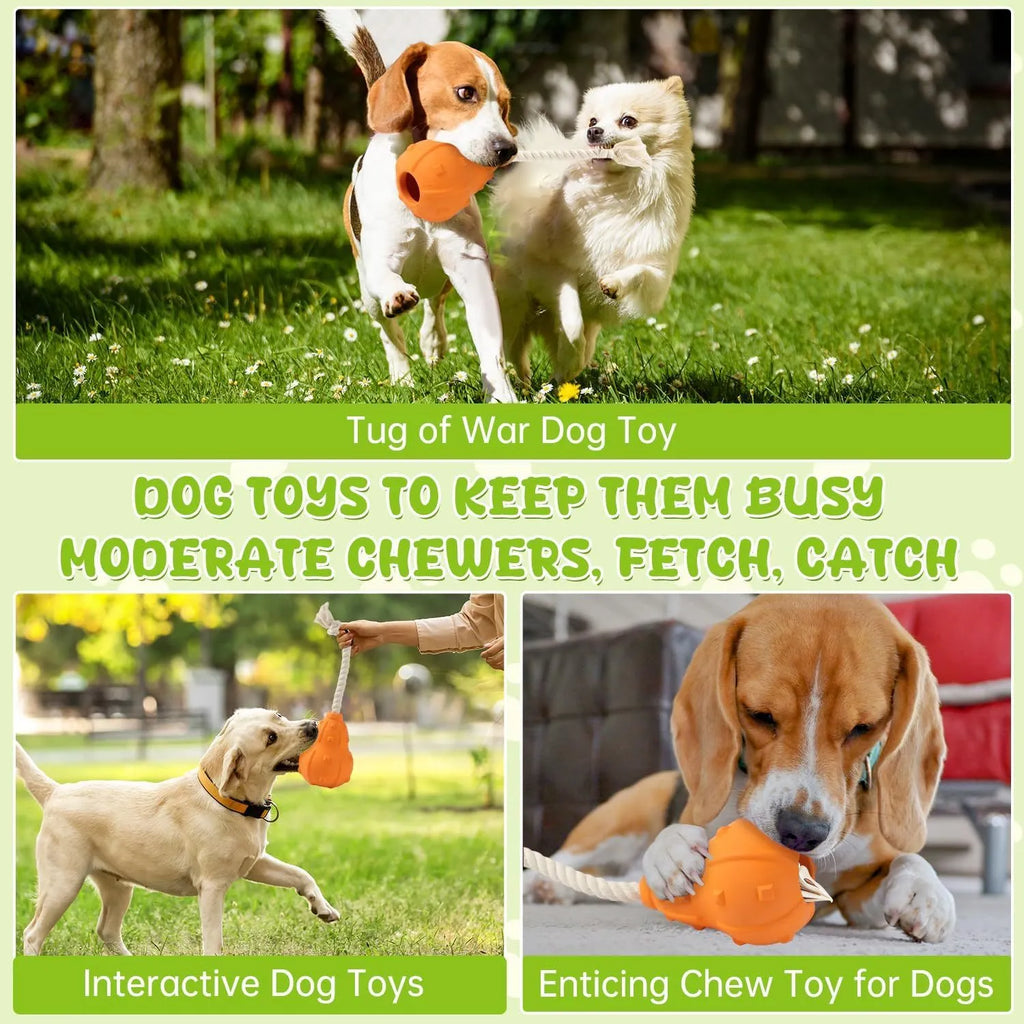 Natural rubber stuffable dog toy for small medium breeds with treat hole and long strap.
