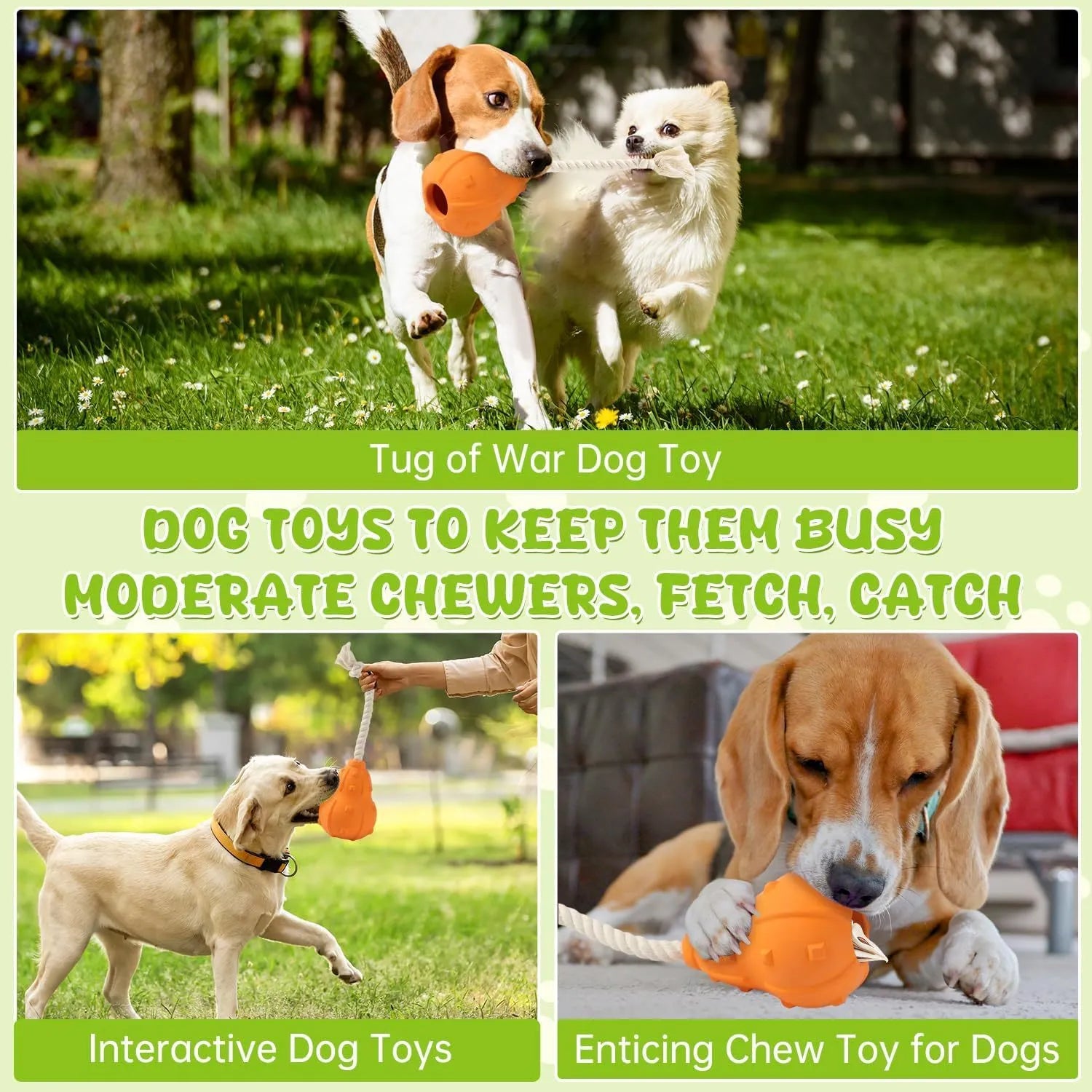 Natural rubber stuffable dog toy for small medium breeds with treat hole and long strap.