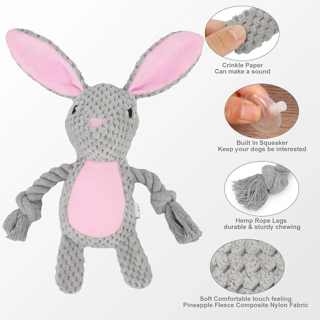 Soft plush dog toy with squeaker, crinkle paper, and cotton rope in elephant, fox, monkey, pig, and rabbit designs