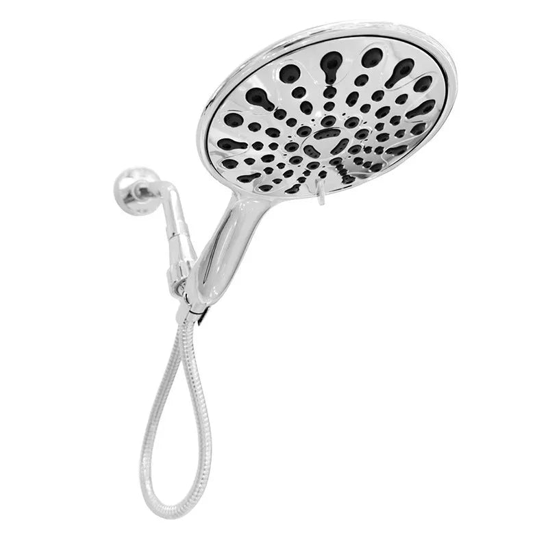 6-inch six-function handheld shower head with electroplated finish showing spray modes
