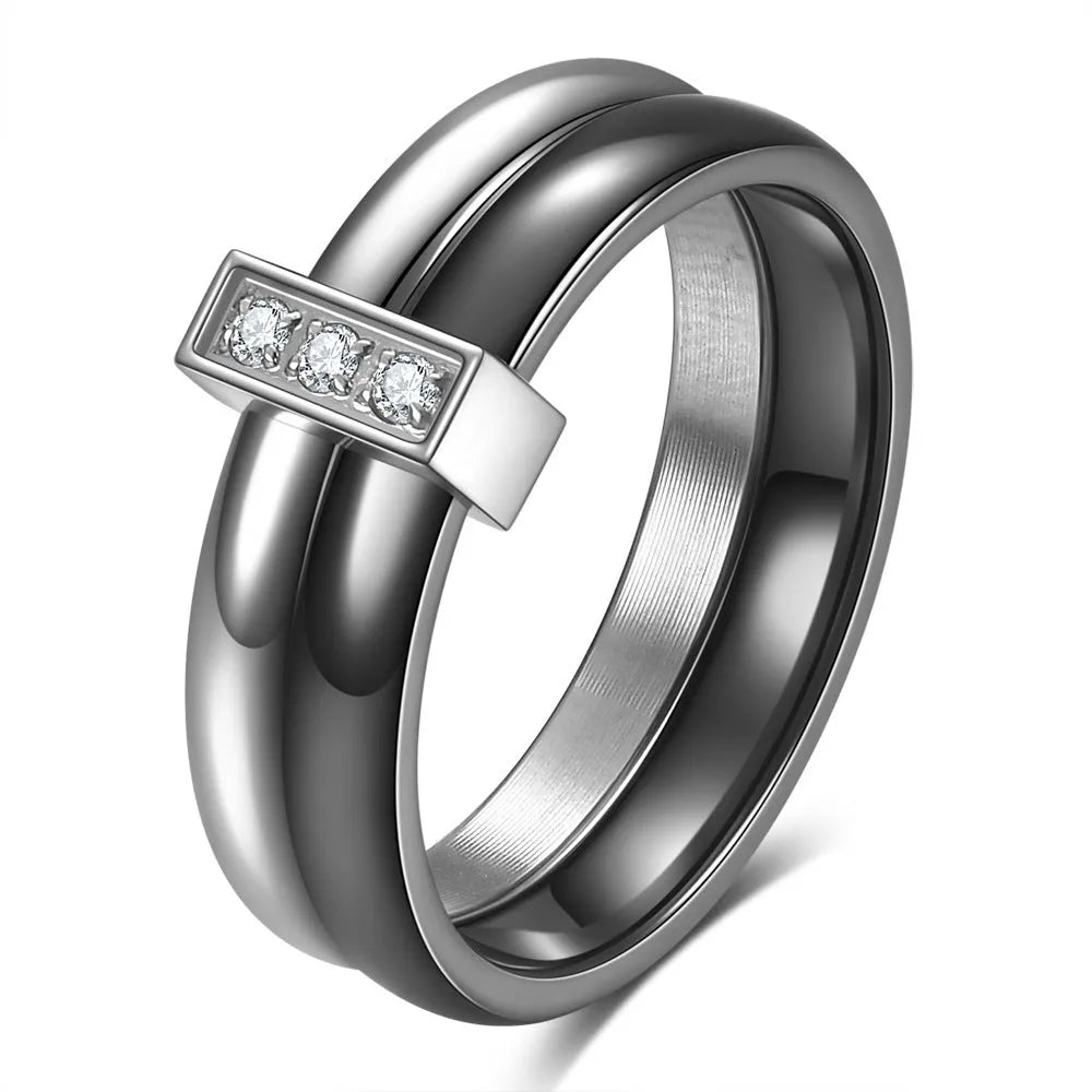 Glossy black ceramic women's ring with a zirconium inlay on a 6mm wide band.