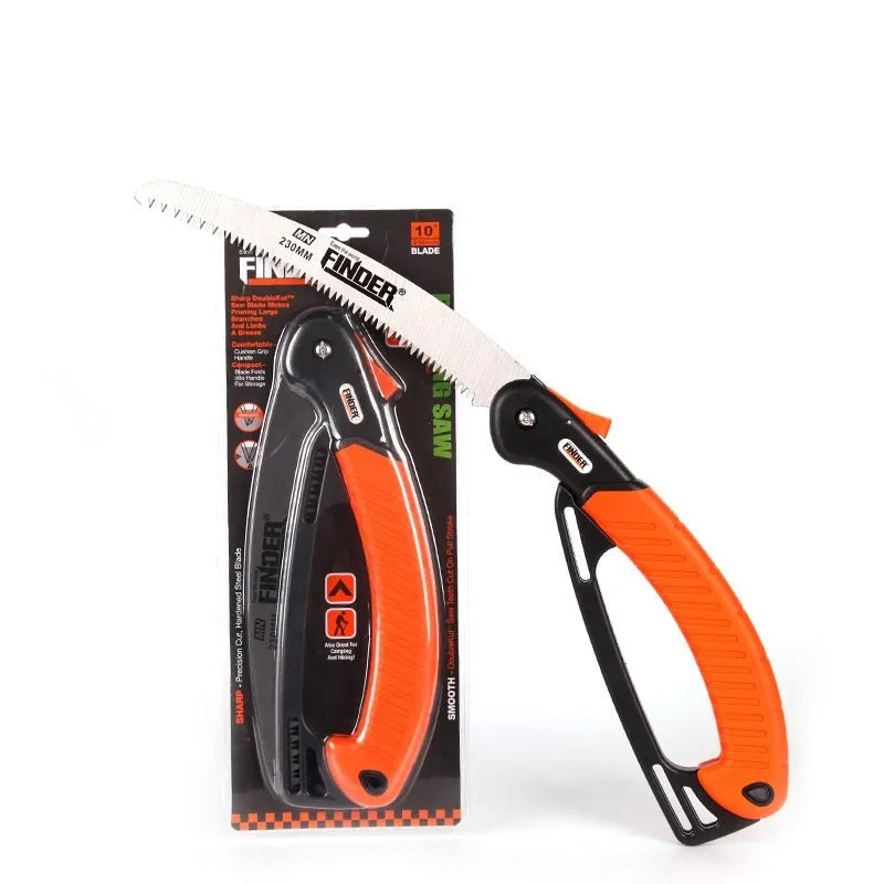 A folding garden hand saw with a black TPR grip and a 230mm steel blade, shown both open and closed.