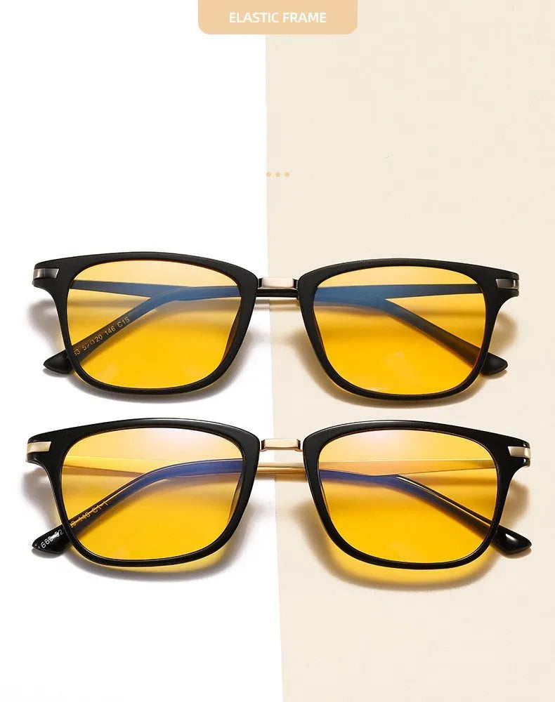 Full frame anti-blue light myopia glasses with square TR90 frame in black with yellow film for men