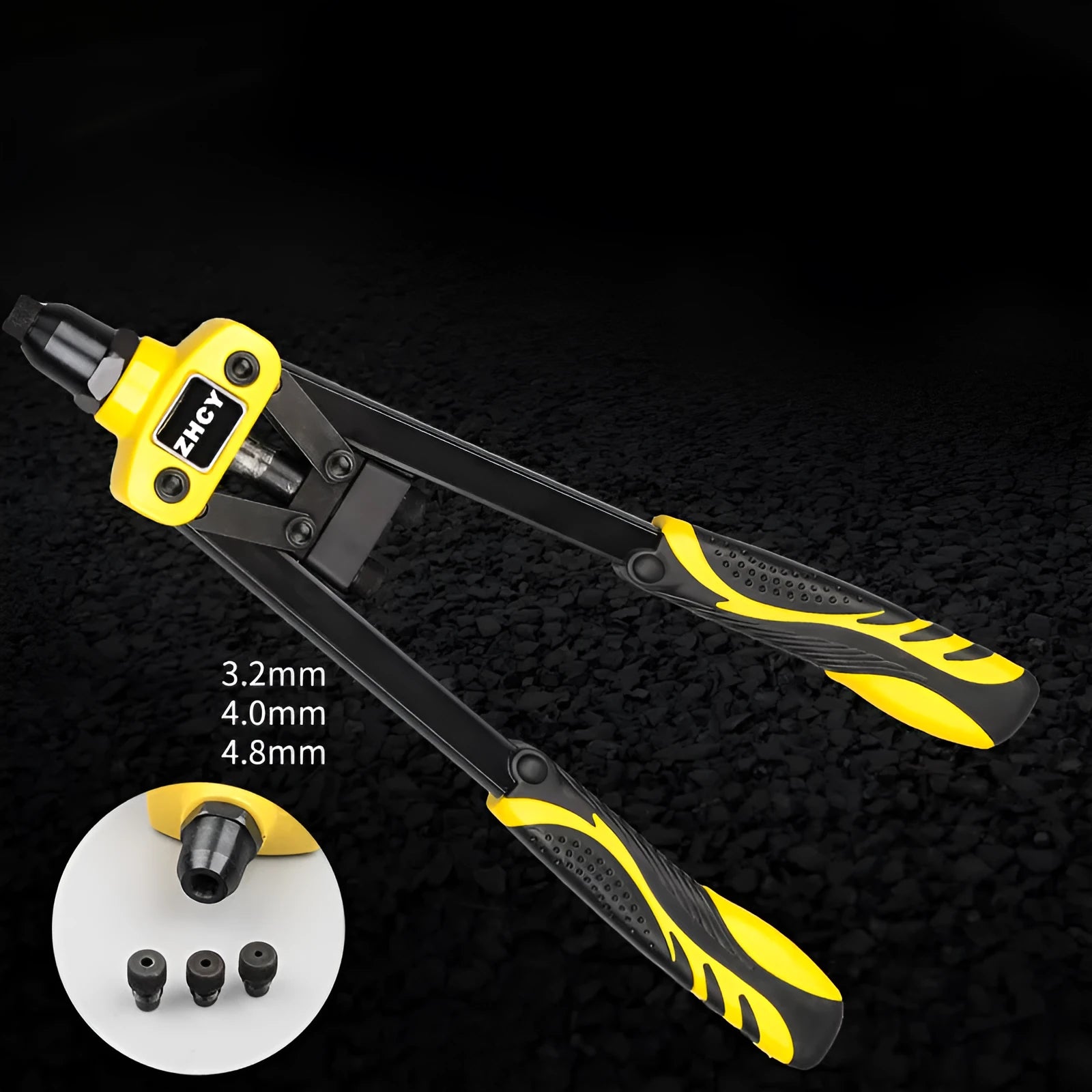 Yellow 13-inch manual rivet gun with built-in interchangeable tips for household DIY projects.