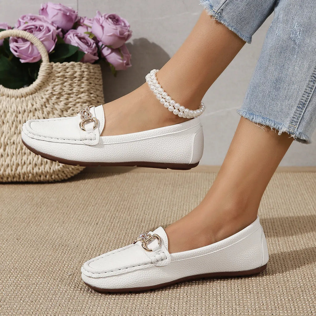 Gommino women's Korean style classic round head low heel pumps, rhinestone decoration, black colour