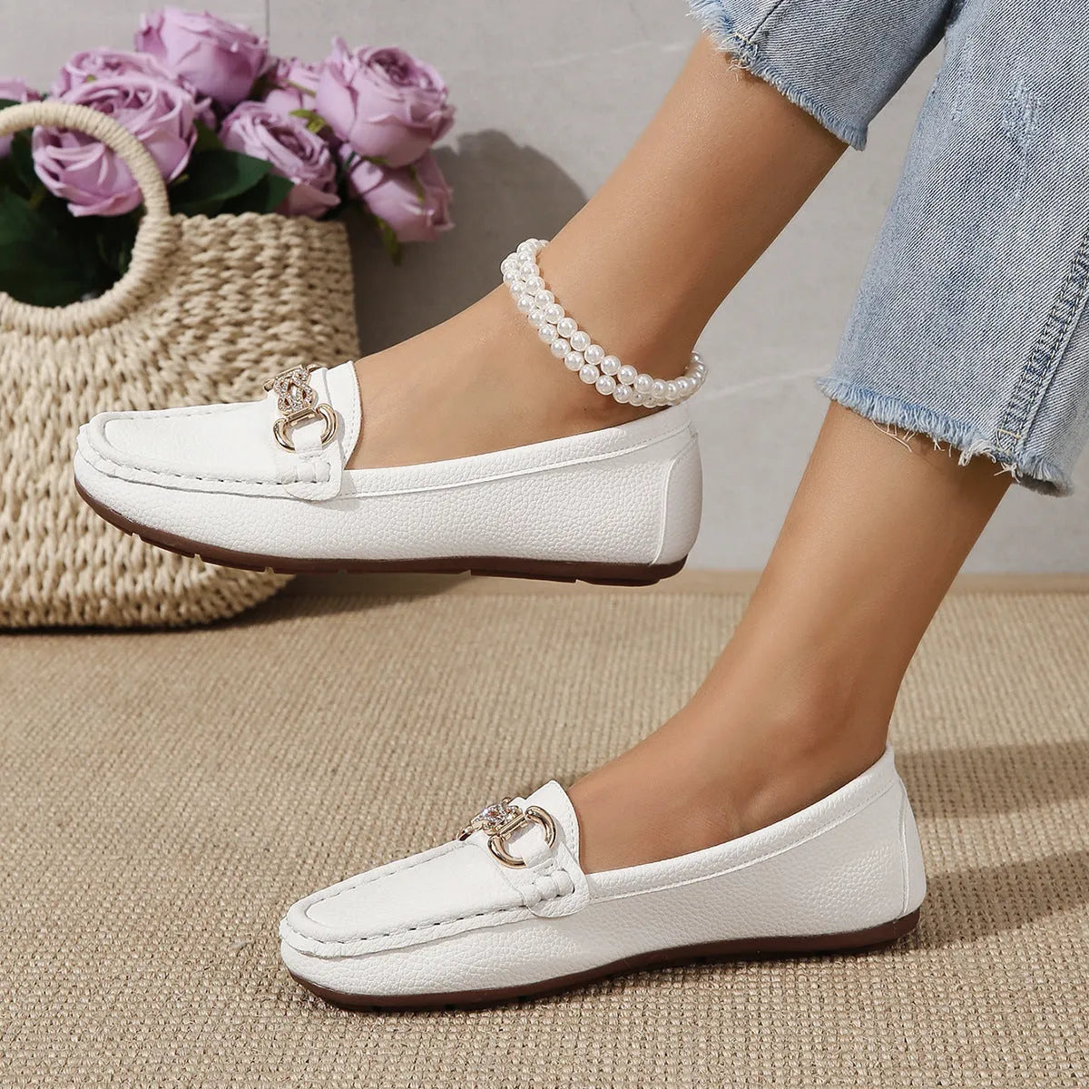 Gommino women's Korean style classic round head low heel pumps, rhinestone decoration, black colour
