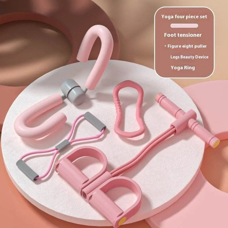 Yoga four piece set showing leg beauty device, yoga ring, pedal tension device and figure eight tension rope.