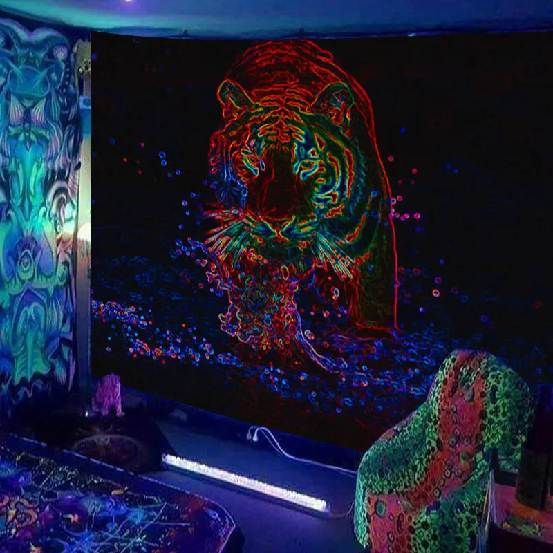 Fluorescent woven polyester tapestry with landscape pattern, rectangular shape, available in multiple colours and sizes