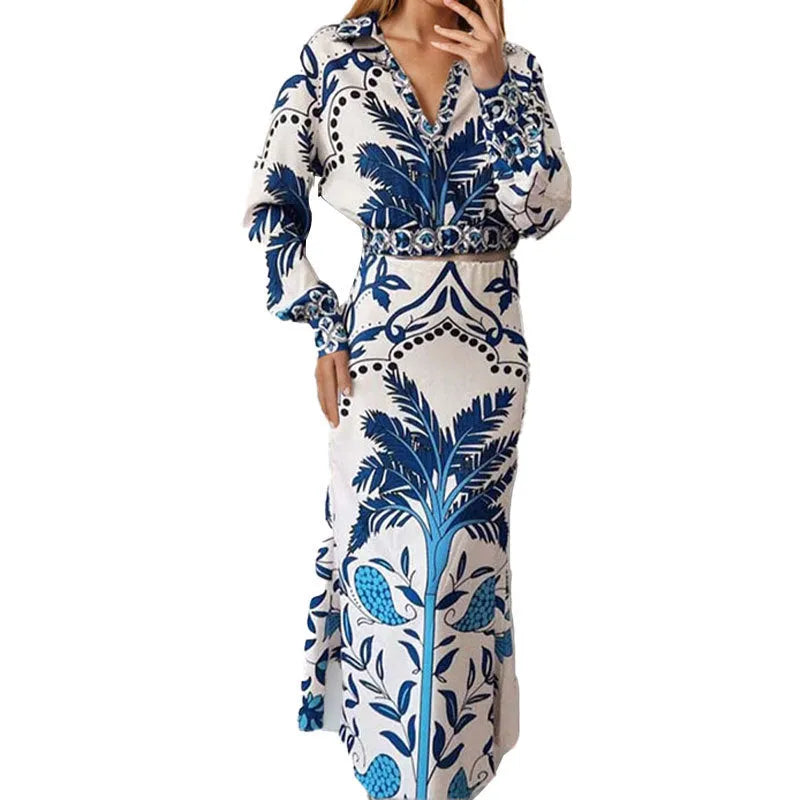 Early spring floral casual set with long sleeve top and long skirt in picture colour