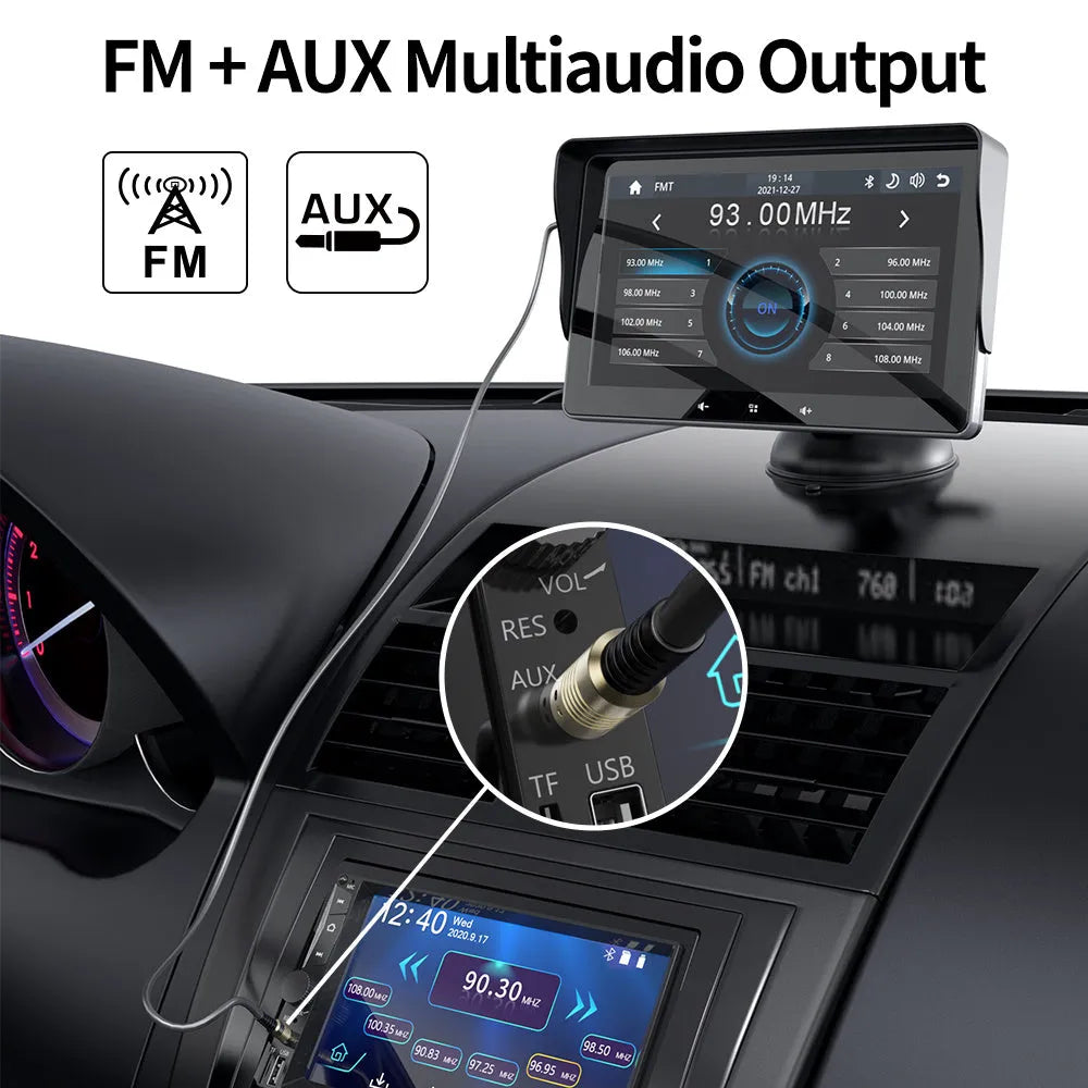 7 inch wireless CarPlay display for car dashboard with suction cup mount and cigarette lighter power cable