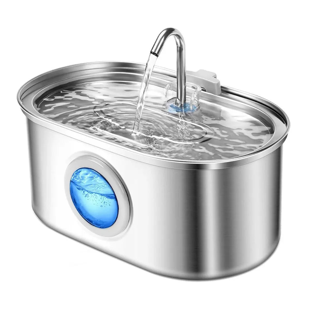 Stainless steel round pet water dispenser with 4 litre capacity and multiple outlet configuration options