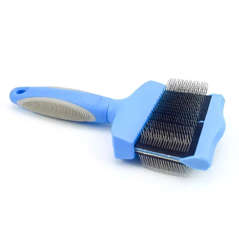 Double-sided pet grooming brush with stainless steel pins and ergonomic handle in blue