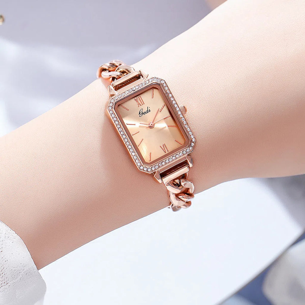 Rhinestone denim watch with square dial and small green watch face on stainless steel case