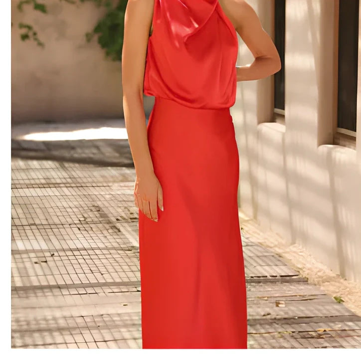 Sleeveless polyester dress in navy blue, 125.8cm length size L, bust 103cm for women's evening parties