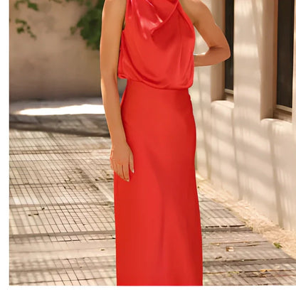 Sleeveless polyester dress in navy blue, 125.8cm length size L, bust 103cm for women's evening parties