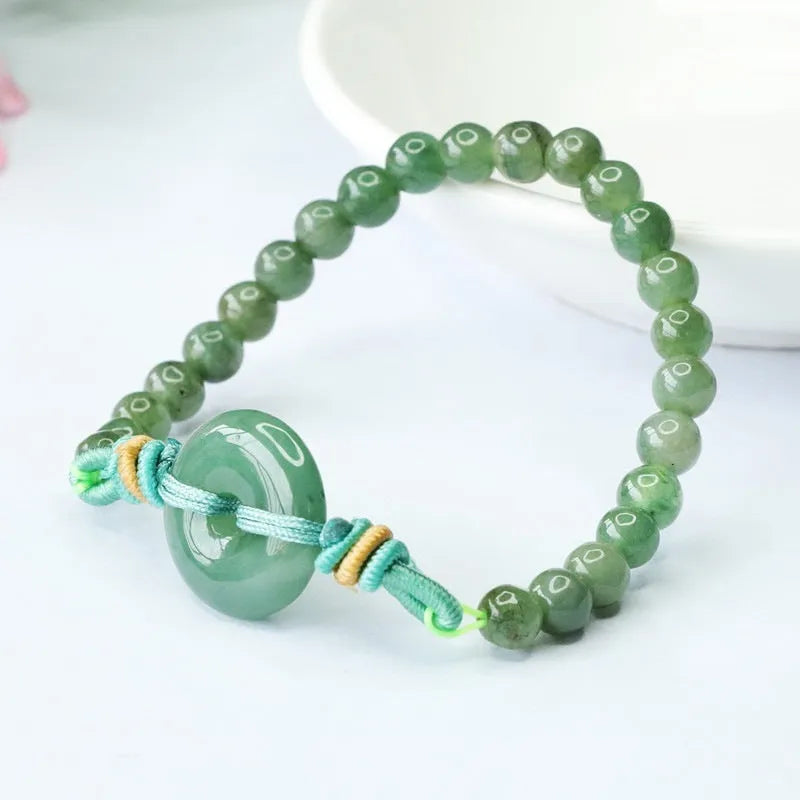 Jade bracelet with safety buckle showing emerald green 6mm star beads in national style design