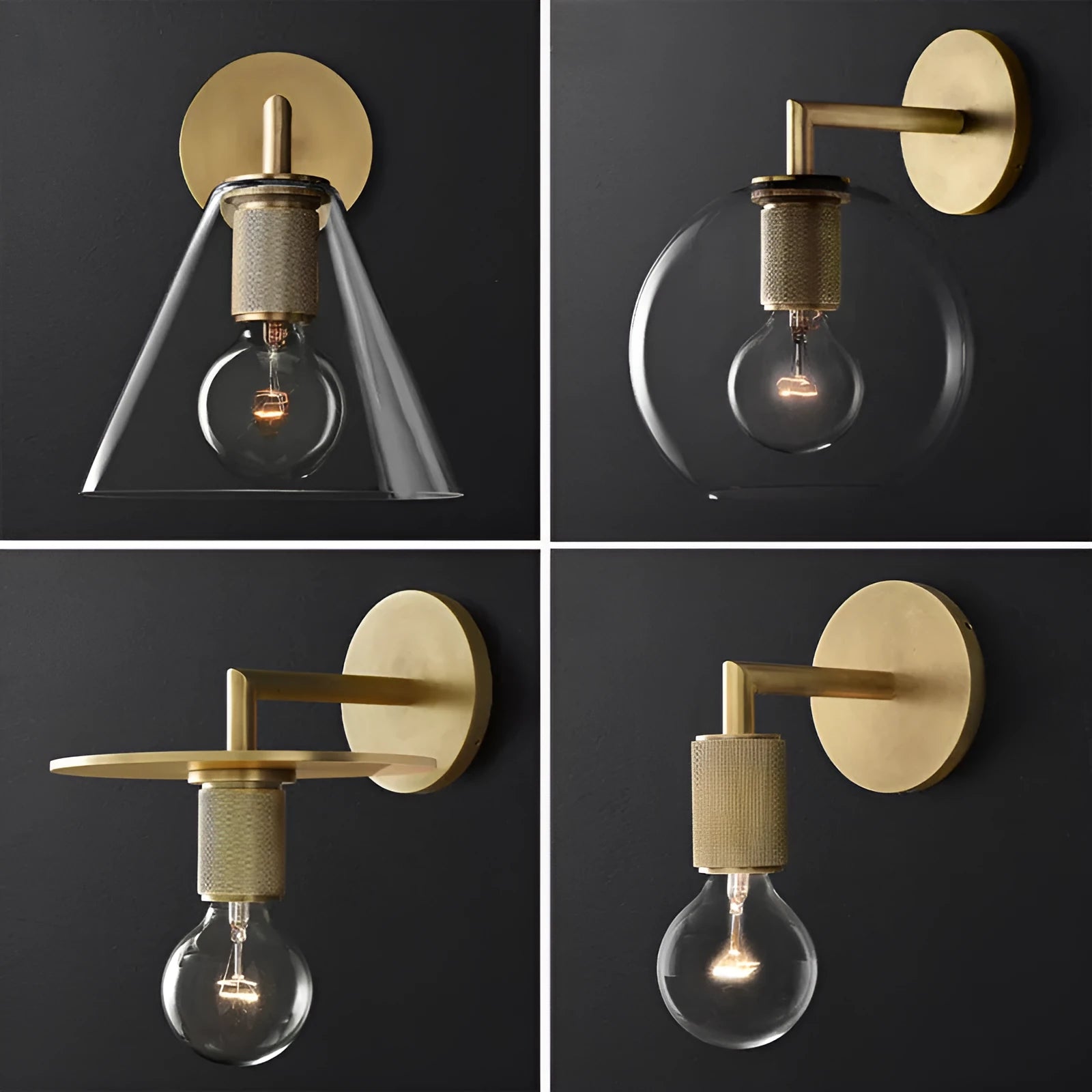 Modern wrought iron glass wall lamp with E27 socket in gold bronze finish with triangular transparent shade