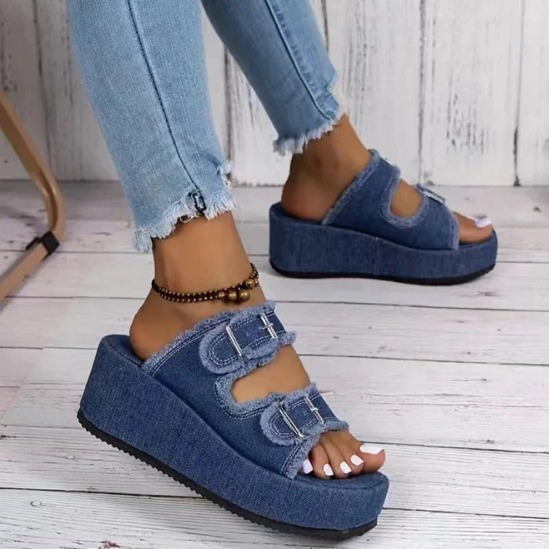 Women's denim buckle wedges sandals with thick bottom in blue, army green, and grey