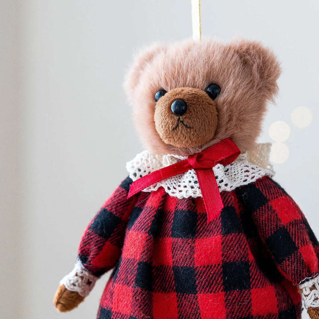 Cartoon style plush bear doll wearing cotton suit plaid, available in gentleman bear or princess bear colours