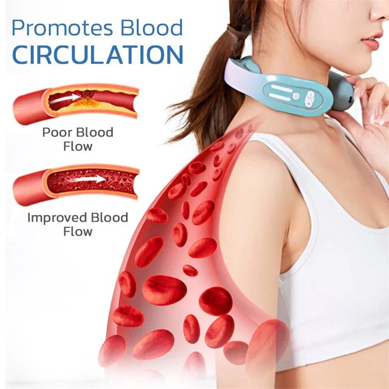 EMS Neck Massager with heat function in gradient blue, showing ergonomic design